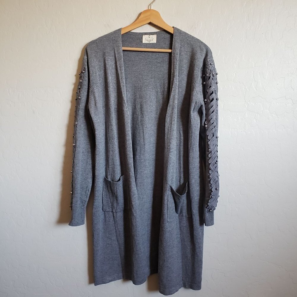 Ember Beaded Sleeve Longline Open Cardigan Sweater Knit Grey Size Women's Medium